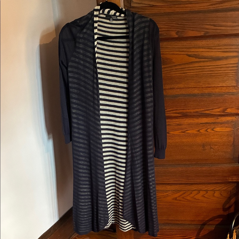 Anthropologie Navy and White Striped Open-Front Long Cardigan